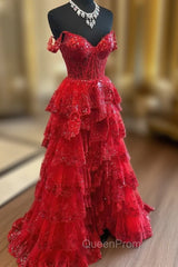 Red Sweetheart Tulle Off Shoulder Layers Long Party Dresses, A-Line Red Tulle Evening Prom Dresses