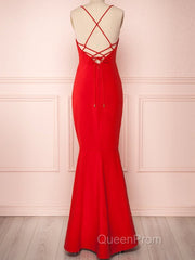 Red Thin Straps Mermaid Backless Long Evening Prom Dresses, Red Mermaid Formal Dresses, Red Evening Dresses