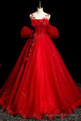 Red Tulle Ball Gown Off Shoulder Sweet 16 Formal Dresses, Red Evening Gown Party Dress