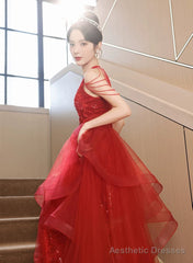 Red Tulle Halter A-line Long Evening Dress, Red Tulle Prom Dress Party Dress