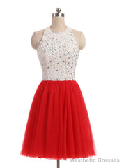 Red Tulle Halter Beading Homecoming Dress