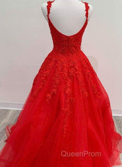 Red Tulle Lace Appliques Long Evening Prom Dresses A Line Formal Evening Dresses