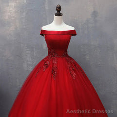 Red Tulle Long Off the Shoulder Sweet 16 Dress, Red Party Gown