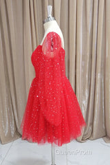 Red Tulle Long Puffy Sleeves Short Evening Prom Dresses, Red Tulle Homecoming Dresses