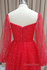 Red Tulle Long Puffy Sleeves Short Evening Prom Dresses, Red Tulle Homecoming Dresses