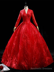 Red Tulle Long Sleeve V-neck Backless Quinceanera Dress
