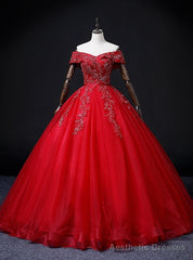 Red Tulle Off the Shoulder Beading Quinceanera Dress
