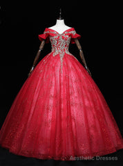 Red Tulle Off the Shoulder Sequins Beading Quinceanera Dress