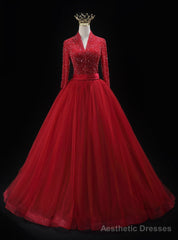 Red Tulle V-neck Long Sleeve Beading Prom Dress
