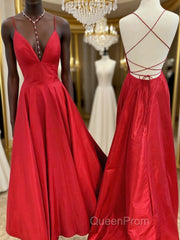 Red v neck backless satin long Evening Prom Dresses red evening Dresses