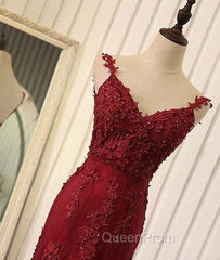 Red V Neck Lace Mermaid Long Evening Prom Dresses, Red Evening Dresses