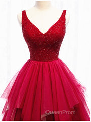 Red V Neck Long Evening Prom Dresses with Corset Back, Red Floor Length Evening Prom Gown, Evening Dresses