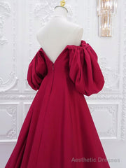 Red V Neck Satin Long Prom Dress, Red Puff Sleeves Satin Long Formal Dress