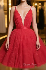 Red v neck tulle lace short Evening Prom Dresses,Mini homecoming Dresses cocktail Dresses