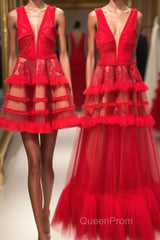 Red v neck tulle long Evening Prom Dresses, red tulle evening Dresses