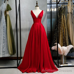 Red V-neckline Satin Floor Length Prom Dress Red Evening Gown prom dresses shops