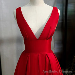 Red V-neckline Satin Floor Length Prom Dress Red Evening Gown prom dresses shops