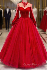 Red Velvet And Tulle Floor Length Evening Prom Dresses, Long Sleeve Beautiful A-Line Party Dresses