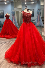 Blue Beaded One-Shoulder A-Line Long Evening Prom Dresses