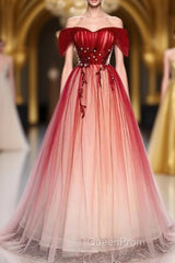 Red Off the Shoulder Long Tulle Evening Prom Dresses with Beading, Party Gown with Sequins