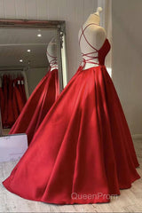 Red Satin Spaghetti Straps Long Evening Prom Dresses, Puffy Princess Formal Gown