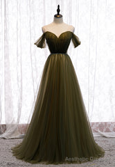 Green Tulle Long A-Line Prom Dresses, Off the Shoulder Evening Dresses