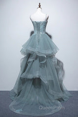 Gray Spaghetti Straps Tulle Princess Formal Evening Party Dresses Long Formal Evening Prom Dresses