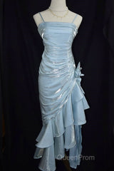 Retro Baby Blue Vintage Floral Dresses Asymmetrical Hem Evening Prom Gown