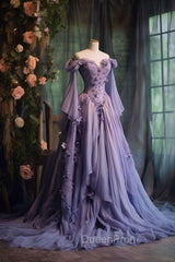 Retro Ball Gown Off The Shoulder Lilac Tulle Flowers Evening Dresses Evening Prom Dresses