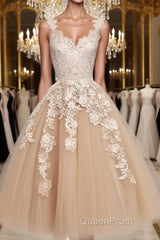 Retro Champagne V-neck Applique Short Evening Prom Dresses, Lace Evening Dresses, Party Dresses