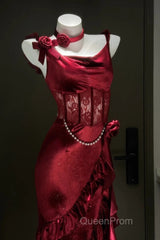 Retro Mermaid Spaghetti Straps Burgundy Lace Evening Prom Dresses Birthday Outfits