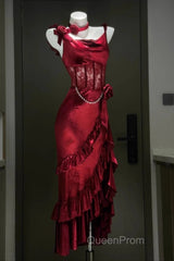 Retro Mermaid Spaghetti Straps Burgundy Lace Evening Prom Dresses Birthday Outfits