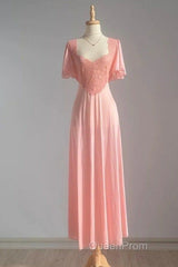 Retro Pink Long Bridesmaid Dresses Lace Evening Prom Dresses