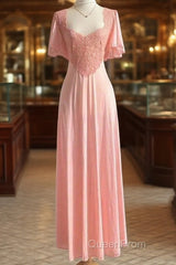 Retro Pink Long Bridesmaid Dresses Lace Evening Prom Dresses
