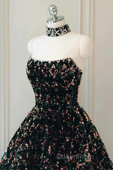 A Line Sparkly Sequin Long Evening Prom Dresses, Gorgeous Strapless Long Evening Dresses