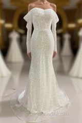 Ivory Mermaid Sequined Evening Prom Dresses with Long Sleeves, Sparkly Long Party Dresses