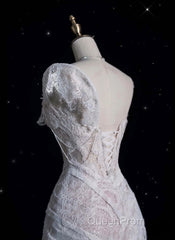 Romantic High Low One Shoulder Lace White Long Wedding Dresses