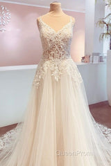 Romantic Long A-Line Spaghetti Straps Appliques Lace Backless Wedding Dresses