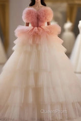 Romantic Pink Tulle Ball Gown Ombre Tiers Evening Prom Dresses