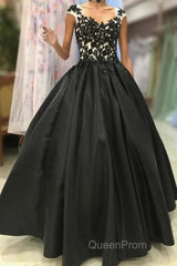 Round Neck Black Lace Floral Long Evening Prom Dresses, Black Lace Formal Dresses with Appliques, Black Evening Dresses
