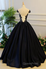 Round Neck Black Lace Floral Long Evening Prom Dresses, Black Lace Formal Dresses with Appliques, Black Evening Dresses