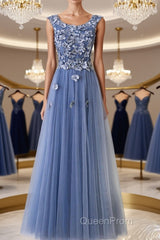 Round Neck Blue Lace Floral Long Evening Prom Dresses, Blue Lace Long Formal Evening Dresses