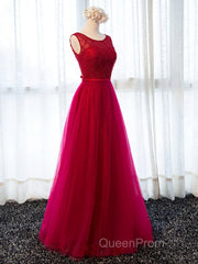 Round Neck Burgundy Beaded Evening Prom Dresses, Wine Red Beaded Formal Evening Bridesmaid Dresses