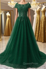 Round Neck Cap Sleeves Lace Long Evening Prom Dresses,Tulle Lace Formal Evening Dresses