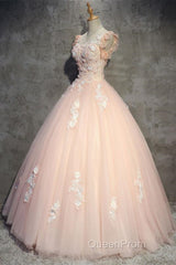 Round Neck Cap Sleeves Lace Pink Long Evening Prom Dresses, Pink Lace Formal Dresses, Pink Evening Dresses, Ball Gown