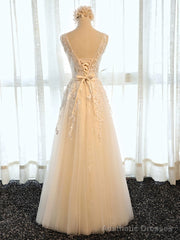 Round Neck Champagne Lace Prom Dresses, Champagne Lace Formal Evening Bridesmaid Dresses