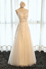 Round Neck Champagne Lace Prom Dresses, Champagne Lace Formal Evening Bridesmaid Dresses