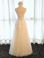 Round Neck Champagne Lace Evening Prom Dresses with Corset Back, Champagne Lace Formal Evening Bridesmaid Dresses