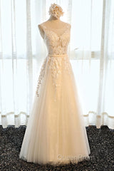 Round Neck Champagne Lace Evening Prom Dresses with Corset Back, Champagne Lace Formal Evening Bridesmaid Dresses