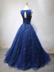 Round Neck Dark Navy Blue Long Prom Dresses with Corset Back, Navy Blue Formal Evening Dresses